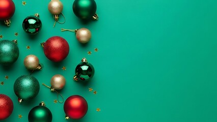 Colorful Christmas Ornaments on Green Background for Holiday Celebration