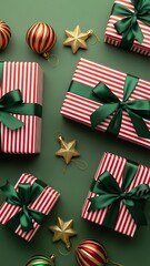Colorful Christmas Gifts with Green Ribbons and Golden Ornaments