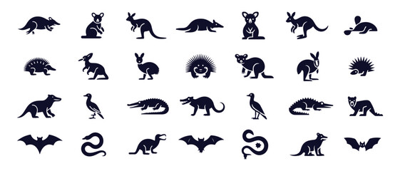 Set of australian animals flat icons including kangaroo koala echidna platypus bat bird and crocodile