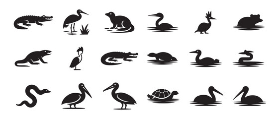 Obraz premium Set of wetland and aquatic animals flat icons including crocodile frog turtle snake pelican heron and duck
