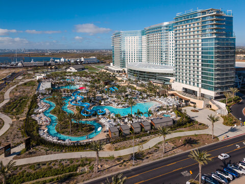Aerial drone view of new Gaylord Pacific Resort in Chula Vista, Southern California.