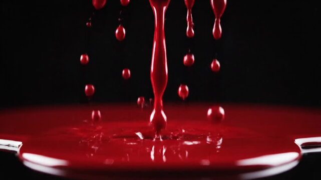 Red blood dripping into a pool of blood, abstract close-up shot