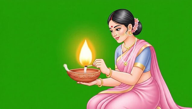 Village lady lighting a clay lamp in   vector  green screen animation