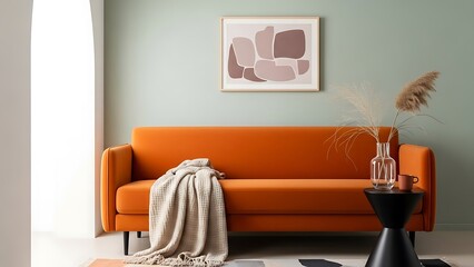 Modern living room interior with orange velvet sofa and abstract wall art