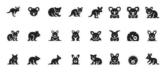 Collection of cute australian marsupial and kangaroo icons koala silhouettes wildlife animal graphics set