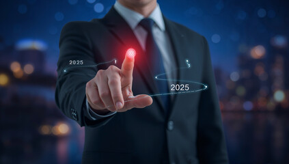 Businessman in a dark suit touching a glowing red digital interface with a futuristic numerical code displayed on a blurred city background at night