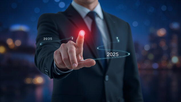 Businessman in a dark suit touching a glowing red digital interface with a futuristic numerical code displayed on a blurred city background at night - Powered by Adobe