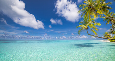 Fototapeta premium Tropical summer island beach landscape. Beautiful peaceful nature scene with turquoise ocean sunny sky and white sandy shore. Tranquil vacation wallpaper background. Idyllic travel holiday destination
