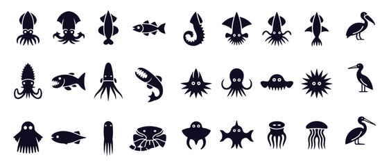 Ocean sea animals and marine creatures vector icon set deep water aquatic fauna monochrome icons collection