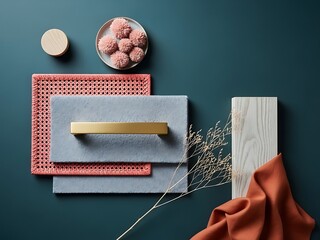 Interior design mood board with coral, gold, and teal accents