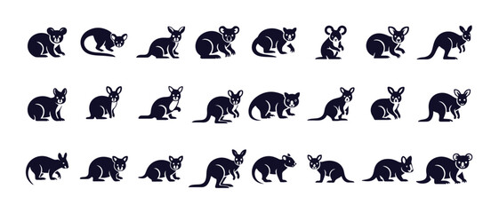 Kangaroo koala wallaby australian marsupials black vector icons set wildlife mammal animal silhouettes symbols