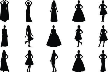 Elegant women fashion silhouettes collection showcasing female dress poses, stylish gowns, modern clothing outlines, isolated black vector set