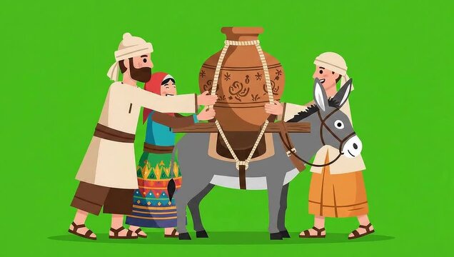 Villagers lifting a water container onto a donkey vector green screen animation