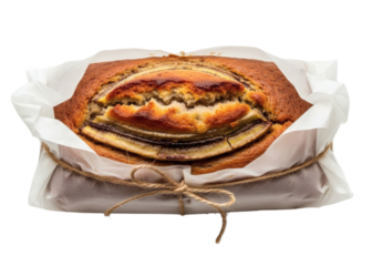 A fresh-baked banana bread loaf wrapped in parchment paper and twine