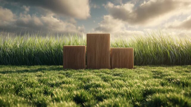 A winner podium on a lush green field, A winner podium stands on a vibrant green field