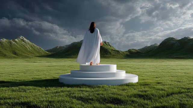 A winner podium on a lush green field, A winner podium stands on a vibrant green field