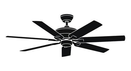 A striking black and white depiction of a five bladed ceiling fan a bold silhouette