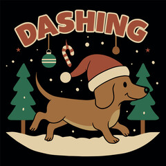 Fototapeta premium DASHING dachshund Christmas flat vector illustration