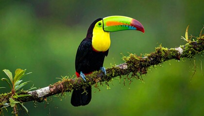 Fototapeta premium Colorful toucan with bright green, yellow, and red beak perched on mossy branch in tropical forest.