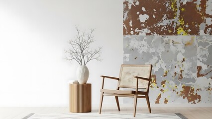 Minimalist interior design with rattan armchair and abstract wall art