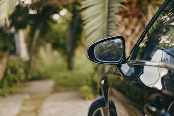 Car side mirror of a black car on a shaded driveway with palm trees and reflection on wet glass,...