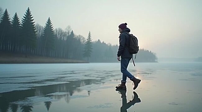 Young man walking on frozen lake in winter morning light  
