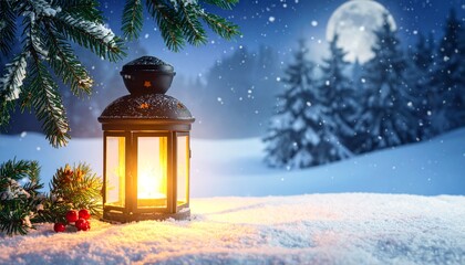 Farol navide&ntilde;o rojo encendido sobre la nieve junto a ramas de abeto cubiertas de escarcha. Luz c&aacute;lida al atardecer en un bosque invernal desenfocado, creando una atm&oacute;sfera acogedora.