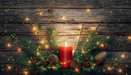 Fondo navideño rústico con vela roja de Adviento en corona natural, rodeada de ramas de pino, piñas y luces cálidas. Escena acogedora sobre madera envejecida con espacio para texto.