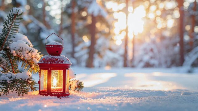 Farol navide&ntilde;o rojo encendido sobre la nieve junto a ramas de abeto cubiertas de escarcha. Luz c&aacute;lida al atardecer en un bosque invernal desenfocado, creando una atm&oacute;sfera acogedora.