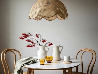 Woven rattan pendant light hanging over a dining table set with vases and berries