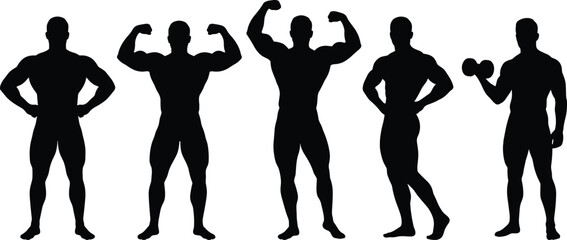 Muscular male bodybuilder silhouettes collection showing strong athletic men flexing poses, gym fitness strength, black isolated vector set