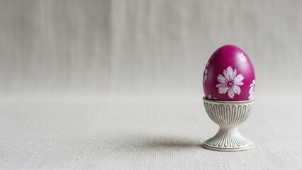 Decorated purple Easter egg with white flower pattern in an egg cup. Festive holiday decoration for spring and celebration concept with copy space.