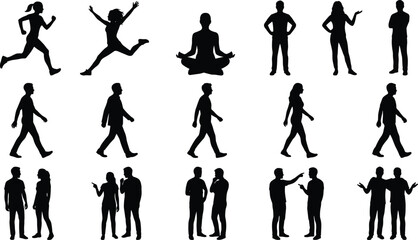 People activity silhouettes set showing walking, running, jumping, yoga, standing, talking poses, men and women, black isolated vector collection