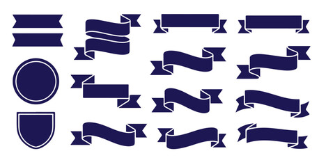 Dark blue collection of wavy ribbon banners decorative frames and shield shape emblems vintage design elements