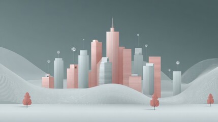 Spring Scene of Cybersecurity Focused City With Wave Lines and Corporate Style Background Highlighting Technology and Safety Features