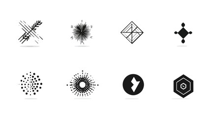 Collection of abstract black geometric graphic elements, modern vector shapes, and minimal icons for creative design projects.