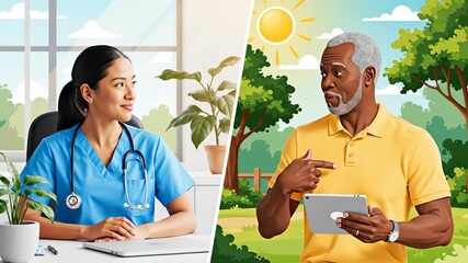 Diverse Healthcare Professionals Engaged in Conversation and Digital Devices Outdoor Scene - Powered by Adobe