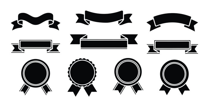 Classic set of blank black ribbon banners scrolls and round award rosettes perfect for certifications