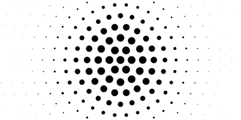 Radial halftone spotted gradient background. Dotted stains concentric texture with fading effect. Black and white circle shade wallpaper. Grunge rough vector. Monochrome geometric backdrop.