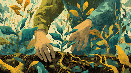 A vibrant 2D illustration of a character gardening, with stylized hands gently touching the soil and thriving green plants connecting to their energy.