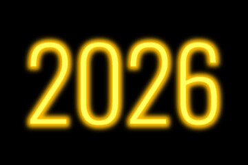 Bright yellow neon 2026 year on black background