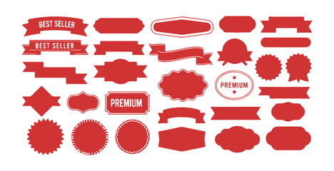 Assortment of red best seller and premium labels ribbons badges and starburst shapes promotion elements