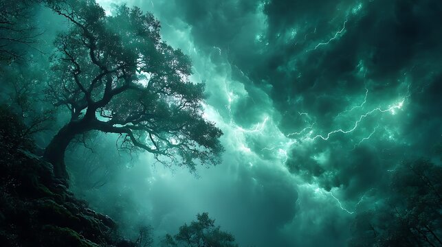 Majestic forest tree and lightning high resolution picture