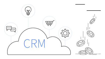 Customer management, business operations, data analysis, software integration, economic growth, cloud services. Visual layout includes CRM text, cloud business icons and coins. Customer management