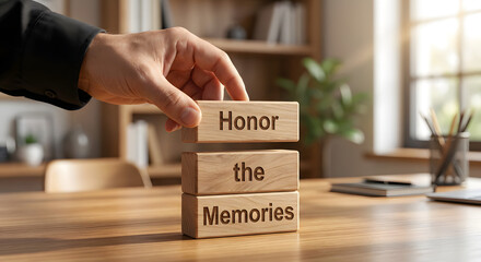 Inspirational Wooden Blocks with the Words Honor the Memories on a Wooden Table in a Bright Modern Office