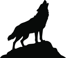 Black silhouette of a howling wolf on a rock white