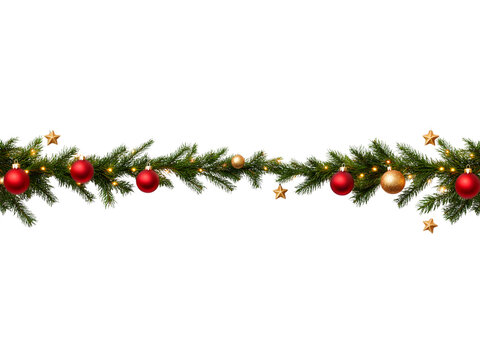 Festive Christmas garland decorated with red and gold ornaments and green pine branches, perfect for holiday banners, greeting cards, and seasonal designs.
