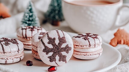 christmas macarons with red glitter snowflakes