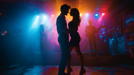 realistic photo of asian couple slow dance, looking at the camera in a club, full length, music band performing on stage