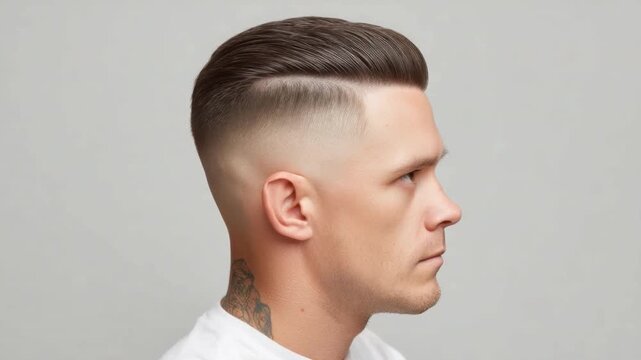 Stylish Side View of Modern Haircut Featuring Undercut and Textured Top on Young Male with Light Skin Tone 4k video footage